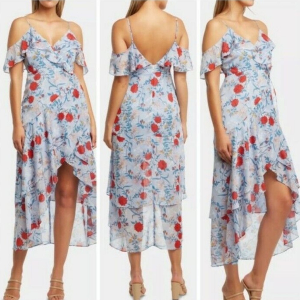 Bardot spring dress. Size small cold shoulder light blue and red.